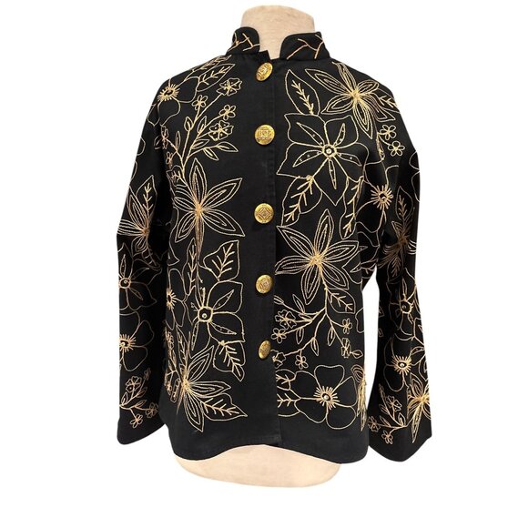 Black & Gold Floral Embroidered Button-Up Jacket By New Direction - Womens Size - Picture 1 of 9
